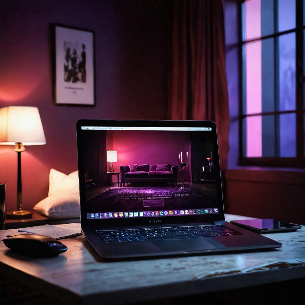 A visually captivating scene depicting a dimly lit room with a sleek laptop open, showcasing an erotic streaming site on the screen. Elegant, suggestive silhouettes in the background, symbolizing adult entertainment, intertwined with soft, seductive lighting. Include elements like plush pillows and a glass of wine to enhance the intimate atmosphere. Ensure the color palette includes deep reds and purples for passion. super-realistic. vibrant colors. 3D.