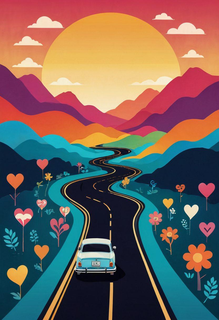 Create a vibrant illustration of a winding road filled with playful icons representing adult content, such as film reels, hearts, and subtle silhouettes. Include a bright sun setting at the horizon to symbolize discovery and adventure, guiding viewers toward quality content. The background should be a mix of warm colors, suggesting excitement and allure. Use a modern, digital art style that feels engaging and enticing. vibrant colors. digital art.